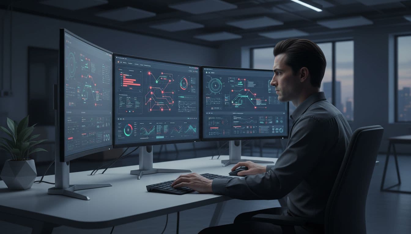 Microsoft 365 E5 vs E3 Cost in 2026: A Security Buyer's View 2 IT security analyst at desk with multiple monitors displaying threat detection dashboard in modern office.