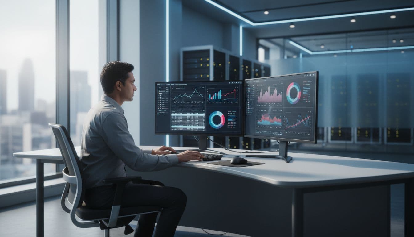 Windows Server 2022 To 2025 Upgrade Plan That Avoids Downtime 1 IT systems administrator seated at a desk in a modern control room, viewing server inventory lists and performance metrics on dual monitors with natural daylight.