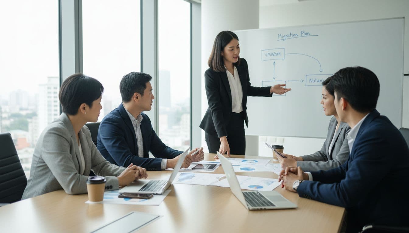 Four diverse IT professionals discuss plans around a table with laptops and charts in a modern conference room.