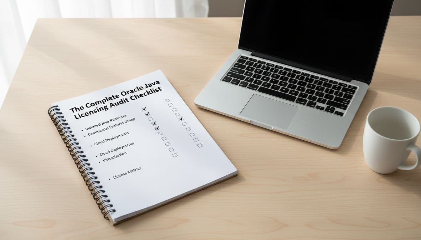 Oracle Java Licensing Audit Checklist for Windows and Linux Fleets 2 Top-down view of a checklist document on a professional desk next to a laptop and coffee mug, featuring bullet points and checkmarks for Java licensing items, in clean realistic photo style with natural daylight.