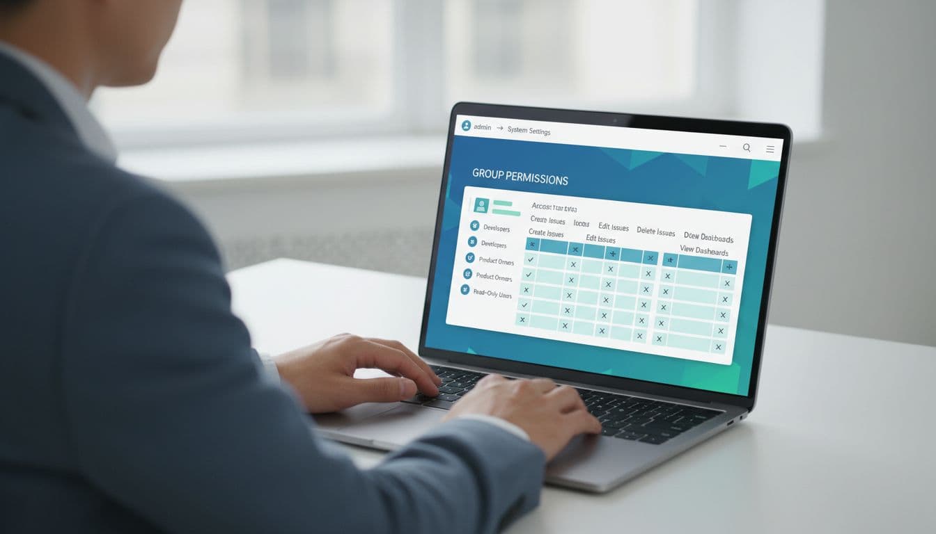 Clean illustration of an admin reviewing user group permissions on an Atlassian Cloud Jira dashboard shown on a laptop screen in a modern blue-teal palette.