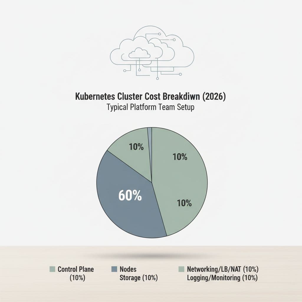 Simple pie chart on desk with cloud icons shows cluster costs: nodes 60%, others 10% each.
