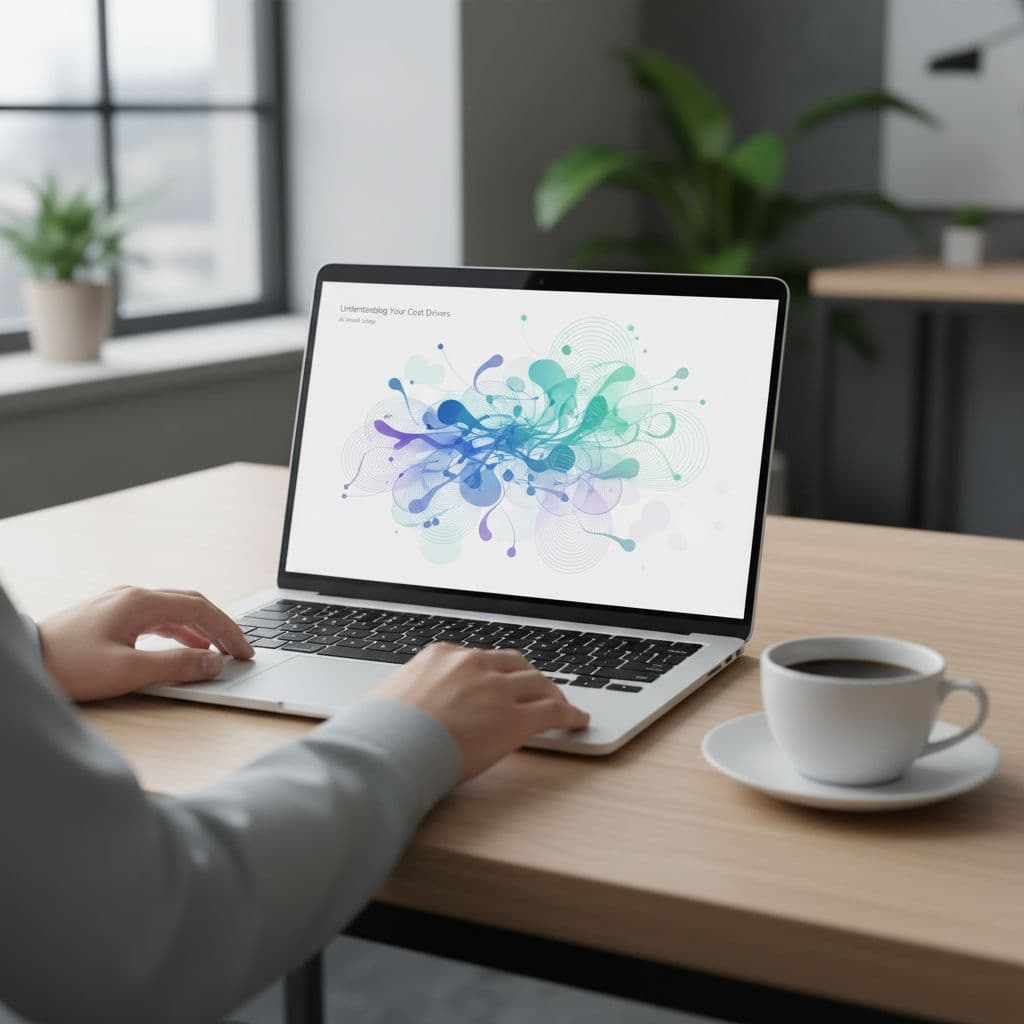 Laptop on modern desk displays abstract data visualization with coffee cup nearby and hands resting.