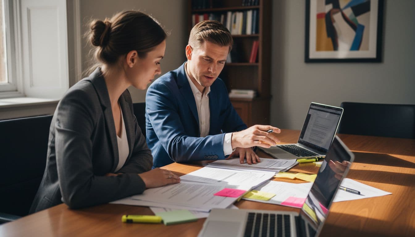 OpenAI Enterprise Pricing in 2026 for Security and Legal Teams 3 Two professionals at a wooden conference table examine contract documents with open laptops, highlighters, and scattered notes.