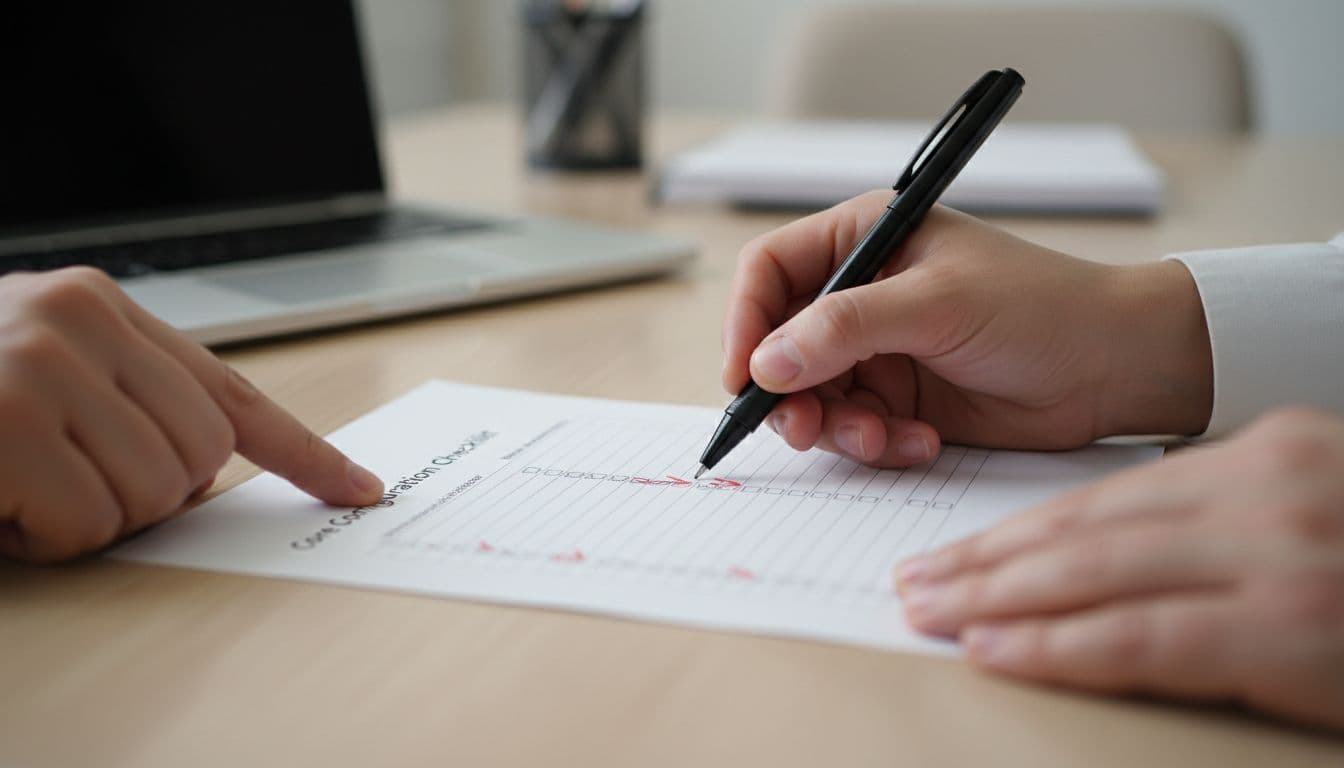 Close-up of two hands using a pen to highlight and mark key items on a printed Microsoft Defender audit checklist document placed on a conference table in a professional setting. Background features a blurred laptop with soft overhead lighting, photorealistic style.