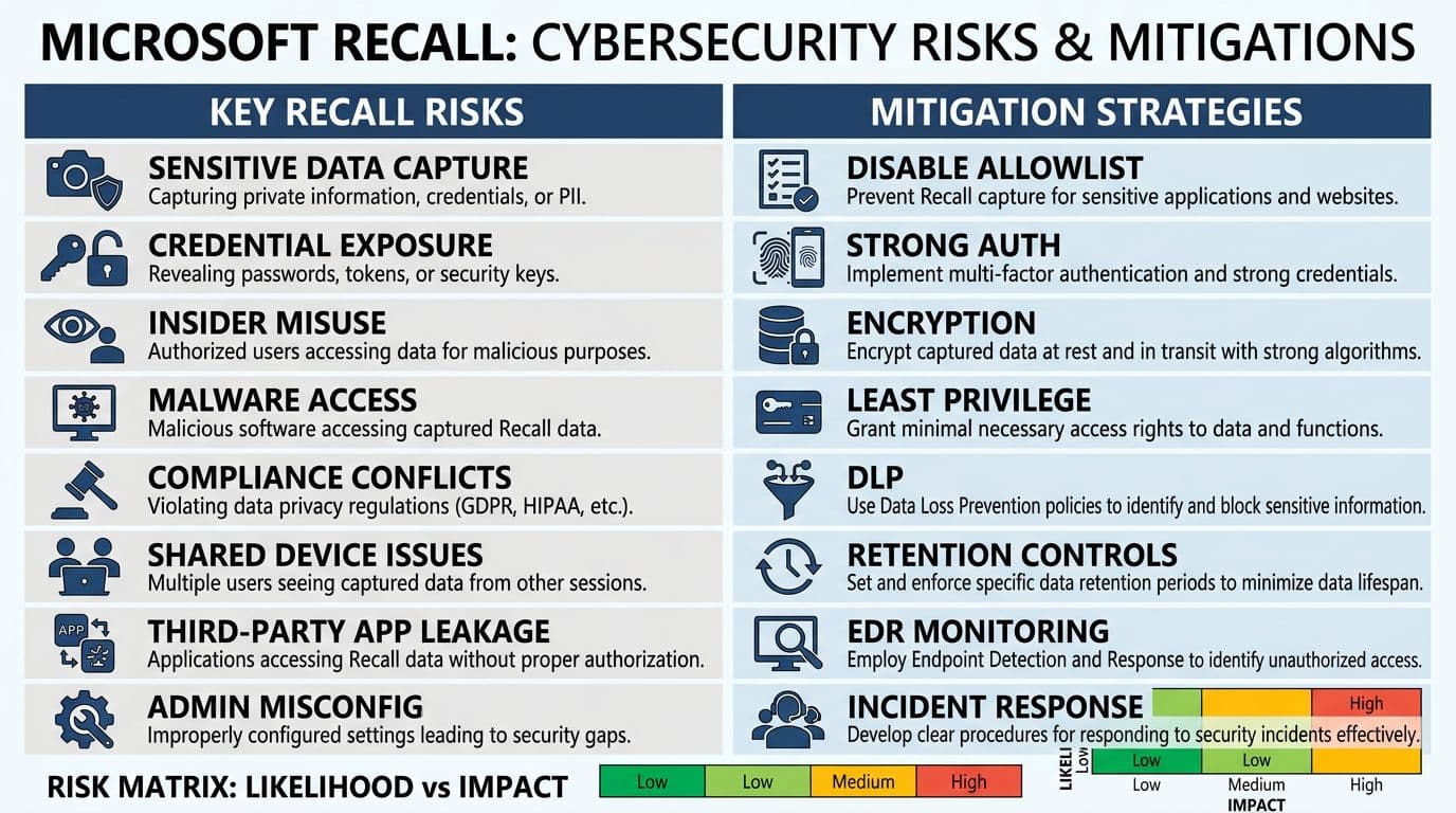 Microsoft Recall In Enterprise 2026 Risk Checklist And Mitigation Guide 1 Enterprise-style infographic in landscape format listing eight key Microsoft Recall risks on the left and aligned mitigations on the right, with a 3x3 risk matrix at the bottom. Features minimalist Microsoft-like palette of blues, greys, and white with crisp icons and high-contrast professional typography.