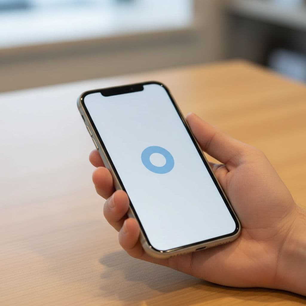 Close-up of a relaxed hand holding a mobile device displaying a blurred MFA confirmation button on a neutral desk surface, clean modern style with natural light.