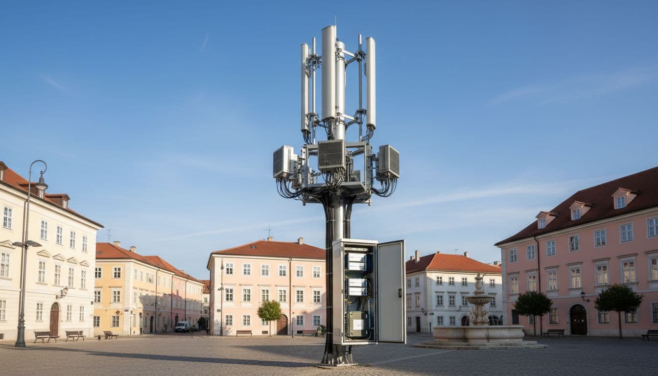 Realistic high-detail photo of a single modern 5G cell tower in a European urban setting, featuring visible disaggregated Open RAN hardware components like separate radio units and baseband servers, on a clear day with blue sky.