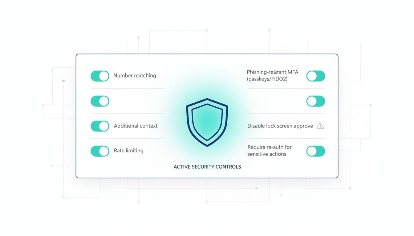 MFA fatigue attacks in 2026, how to spot push-spam prompts and shut them down fast 3 Clean, modern flat vector illustration of an enterprise SaaS cybersecurity dashboard with toggle switches for features like phishing-resistant MFA, rate limiting, and more, featuring a central glowing teal shield on a subtle grid background.