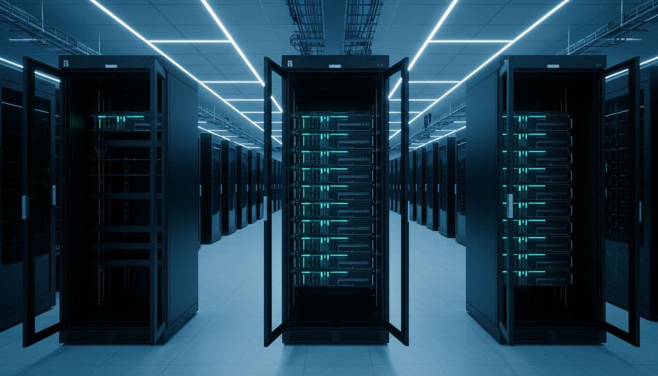 Wide-angle realistic view of a modern data center interior with rows of server racks packed with glowing NVIDIA H100 GPUs and empty racks in the foreground, emphasizing scale and supply shortages under cool blue LED lighting.