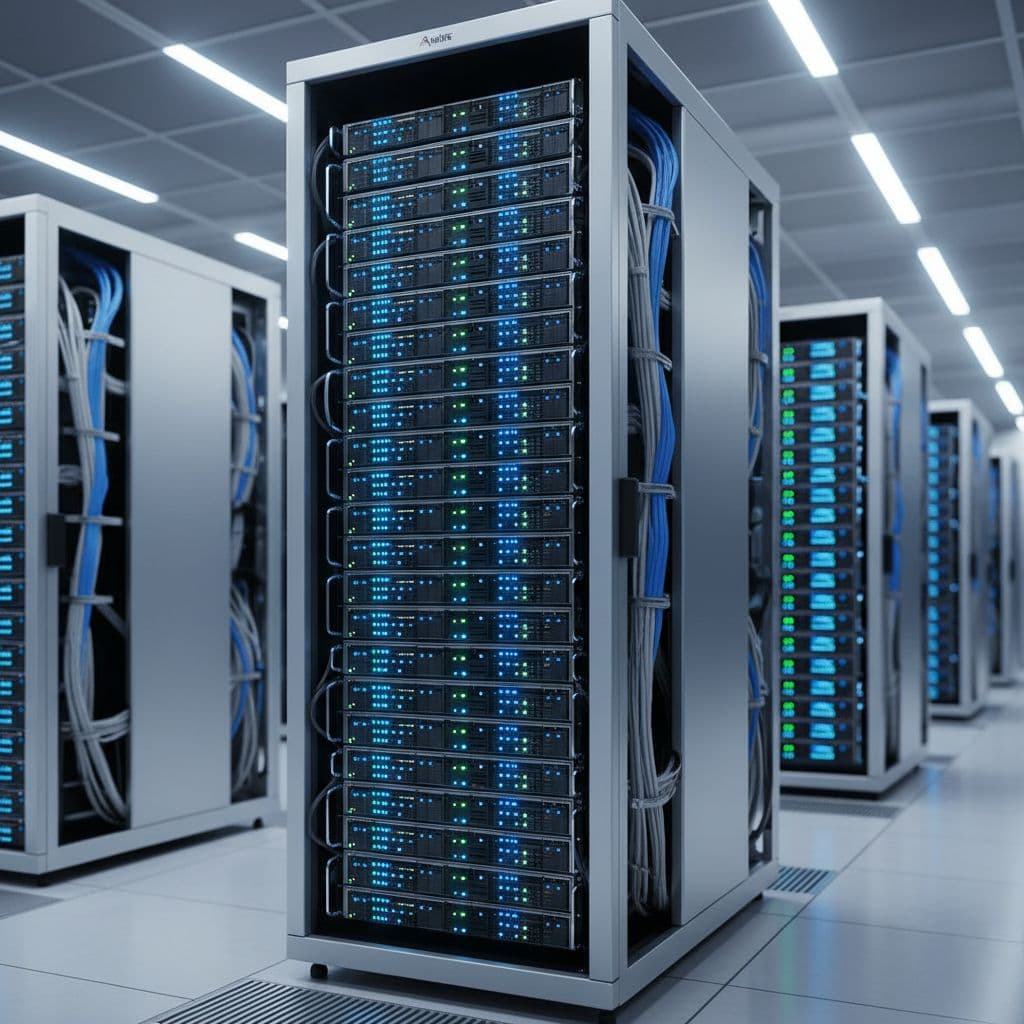 Oracle Cloud Pricing for GPU-Hungry AI Teams in 2026 1 Well-lit data center room with foreground server rack showing blinking status lights and organized wiring in cool blue lighting.