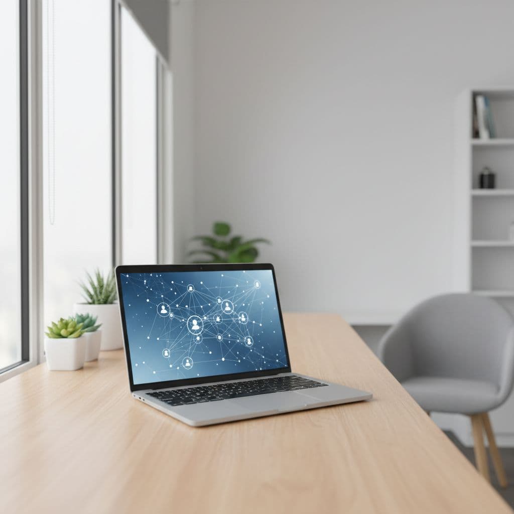 A single laptop sits on a clean wooden desk illuminated by bright natural window light.
