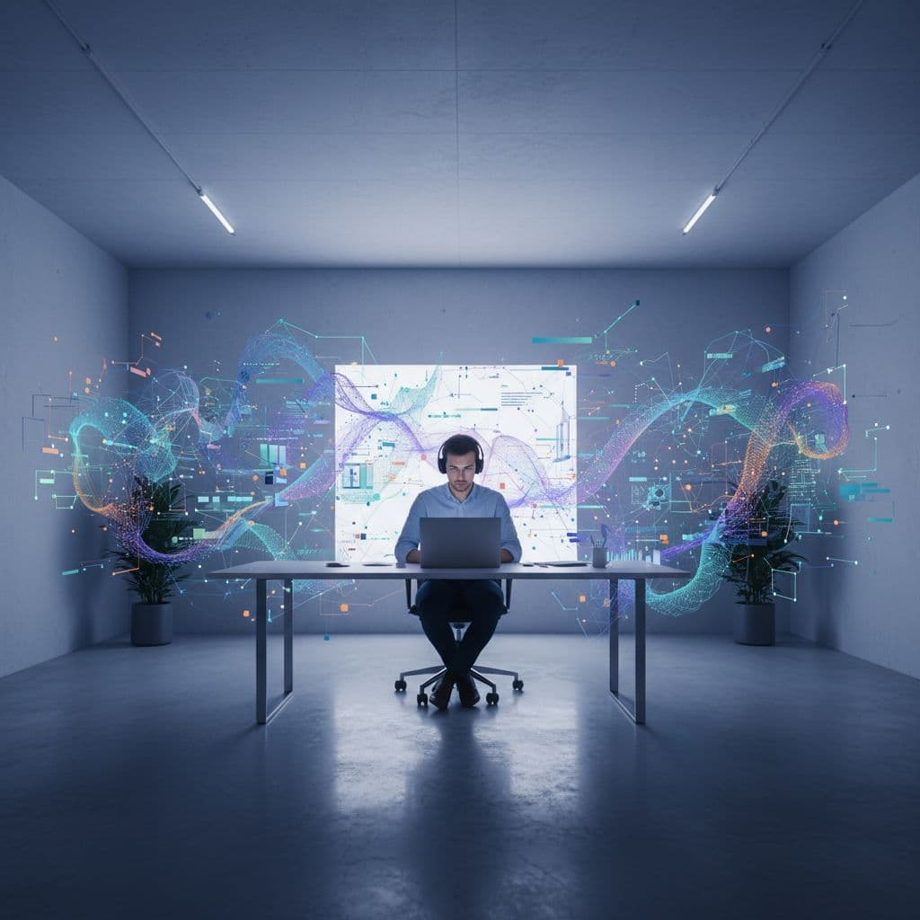 A person works on a laptop in a modern office surrounded by floating, glowing data visualizations.