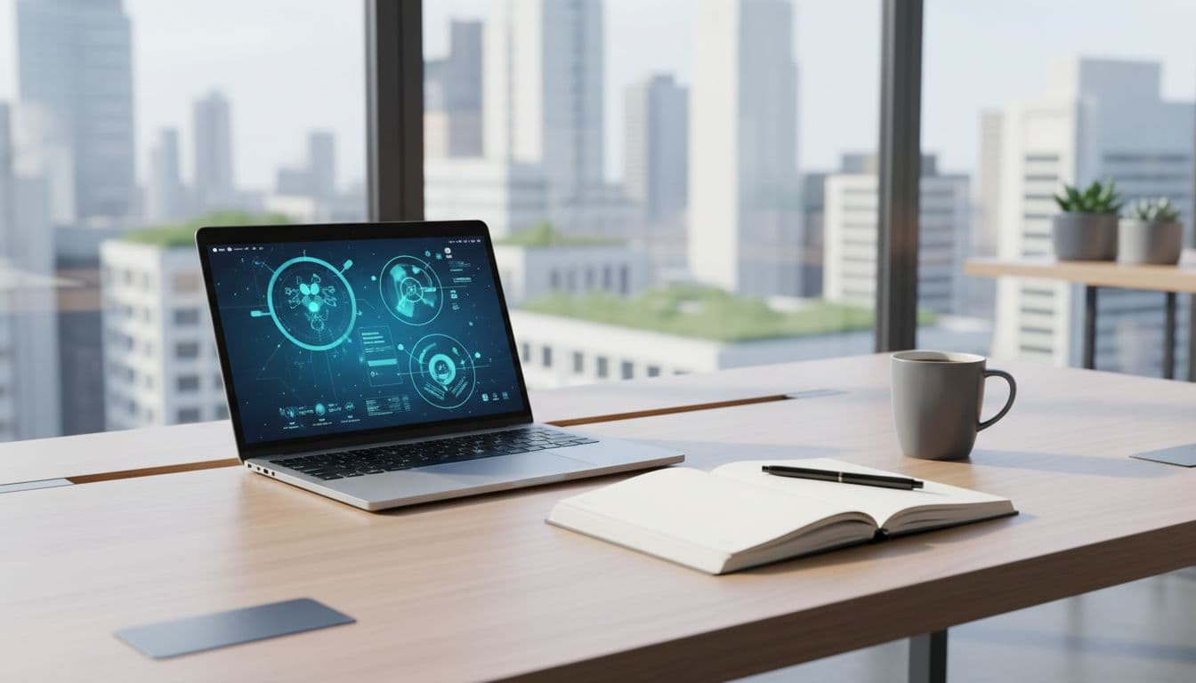 A minimalist desk setup features a laptop, notebook, and coffee mug in a bright office.