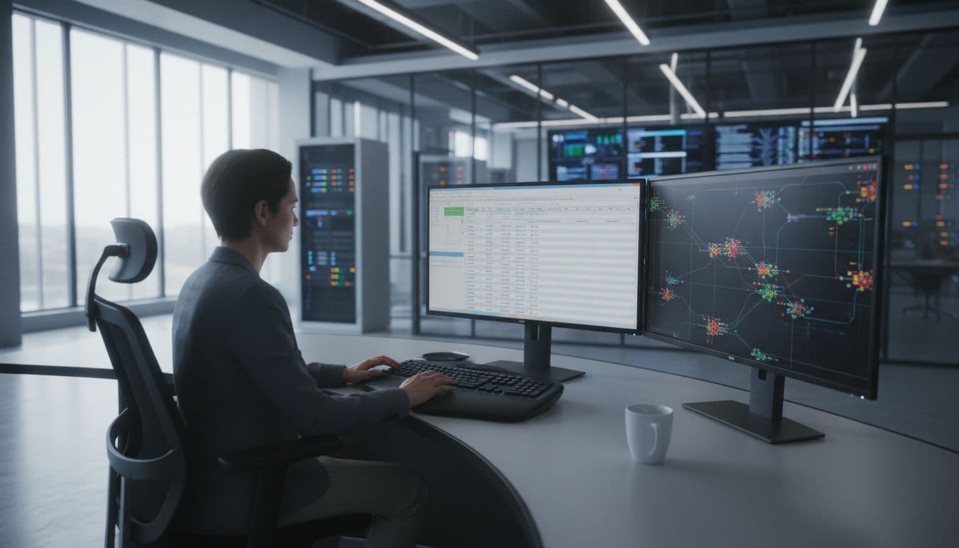 A network engineer in a modern enterprise control room reviews BGP prefix lists on dual monitors, one showing a spreadsheet of ASNs and prefixes, the other a network topology map, with a keyboard and coffee mug on the desk under natural daylight.