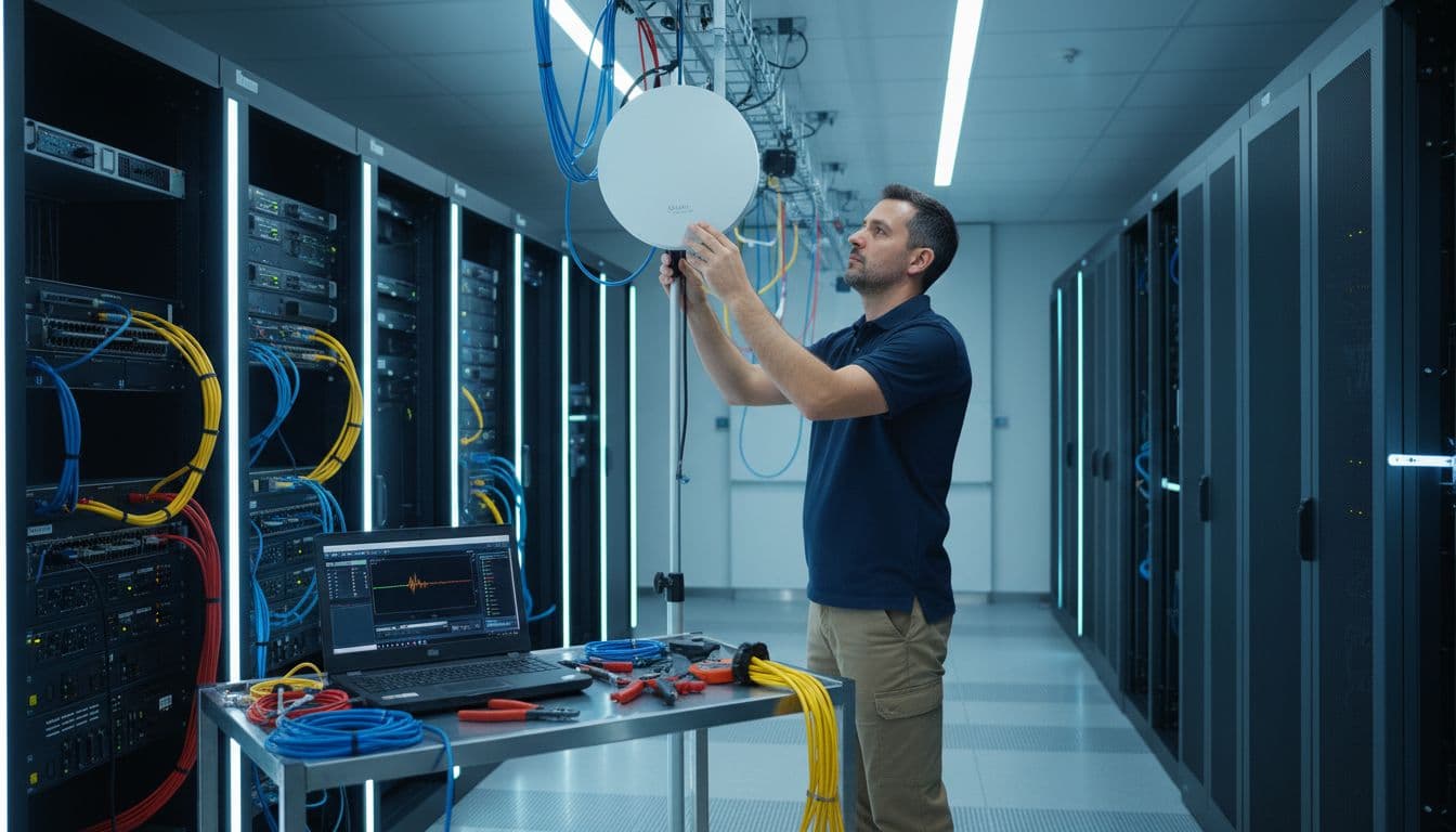 Wi-Fi 7 Enterprise Upgrade Checklist for High-Density Offices in 2026 2 A network engineer in a server room examines the Wi-Fi 7 access point installation, with tools on the table, cables connected to switches, and a laptop displaying signal strength diagnostics under professional lighting.