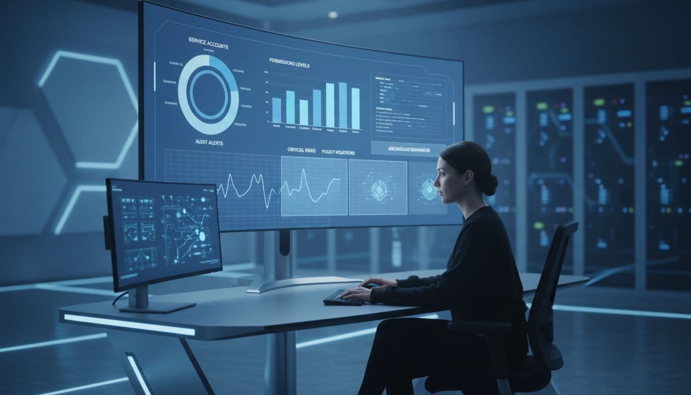 The Nonhuman Identity Audit Checklist for 2026 Across Cloud and SaaS 1 A modern cloud security dashboard on a large monitor in a dimly lit operations center displays charts of service accounts, permissions, and audit alerts for nonhuman identities, reviewed by one analyst.