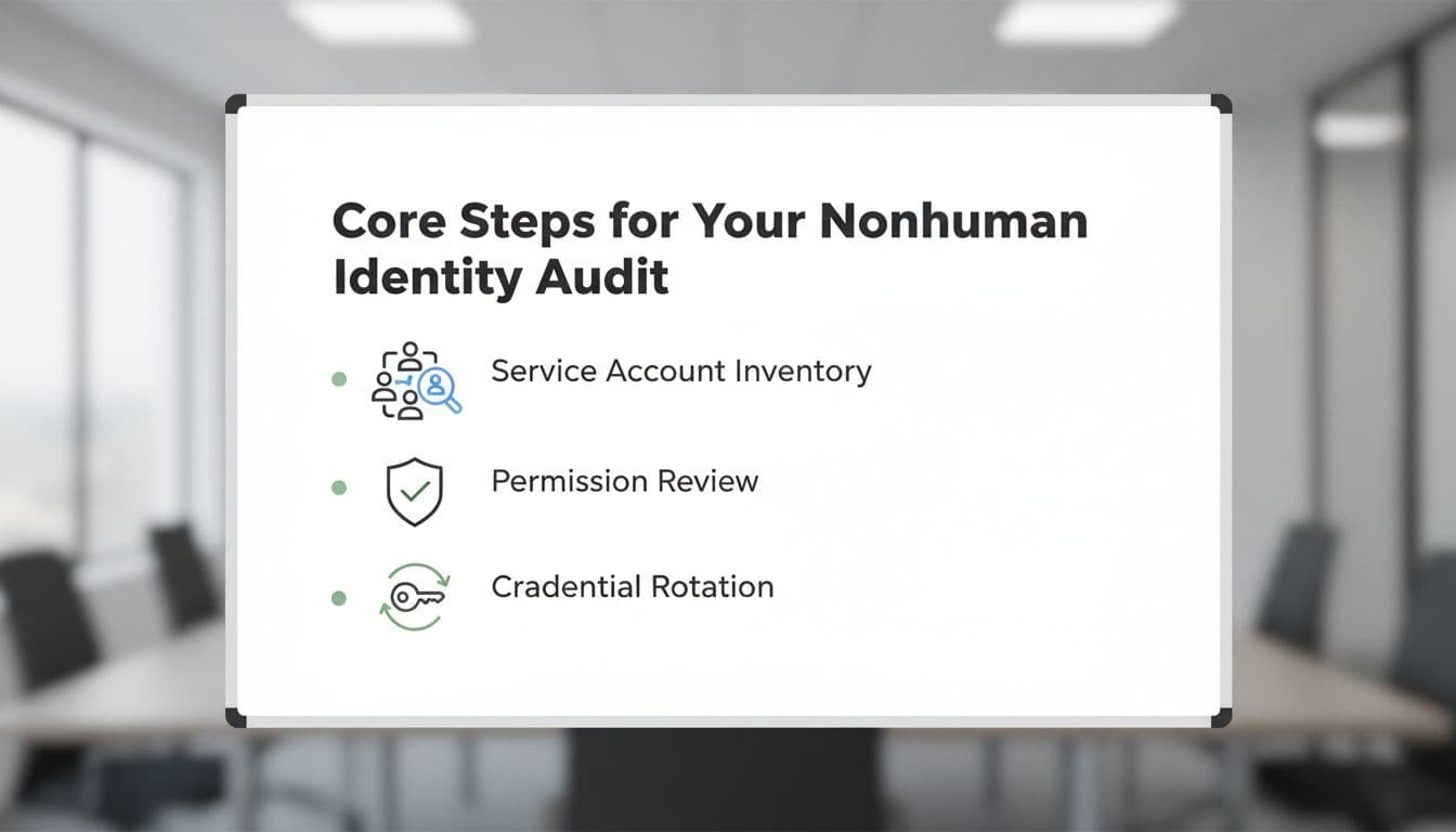 The Nonhuman Identity Audit Checklist for 2026 Across Cloud and SaaS 2 Infographic-style illustration of a checklist with icons for audit steps: service account inventory, permission review, credential rotation, on a whiteboard in an office meeting room. Simple line art, neutral colors, clean and minimal composition focused on the checklist.