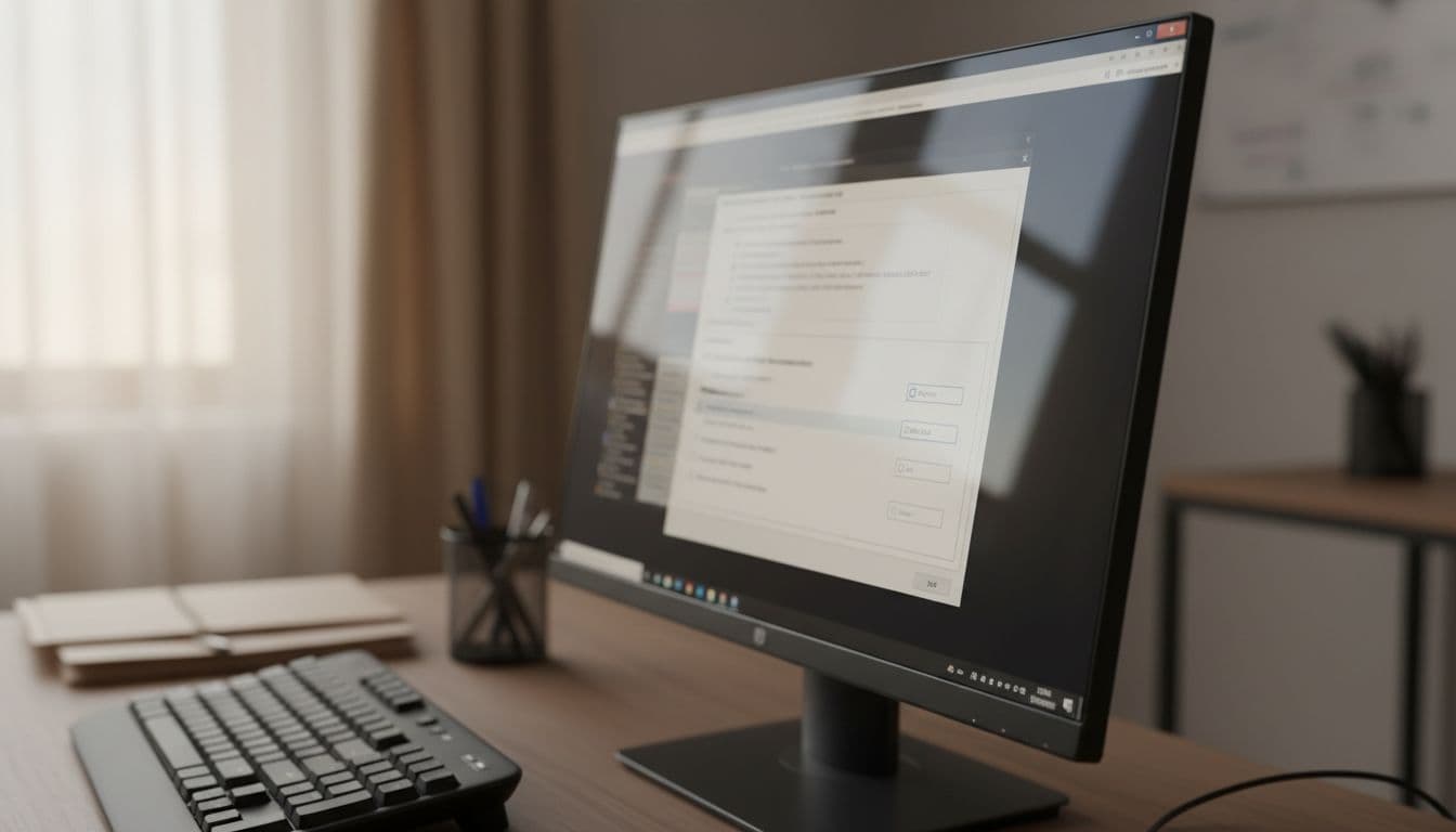 Building an NTLM Reduction Plan for Windows Domains in 2026 1 Windows Server Active Directory administrative console screen showing NTLM auditing settings, viewed at an angle on a modern office desk with keyboard nearby, soft lighting, screen slightly blurred with no readable text.