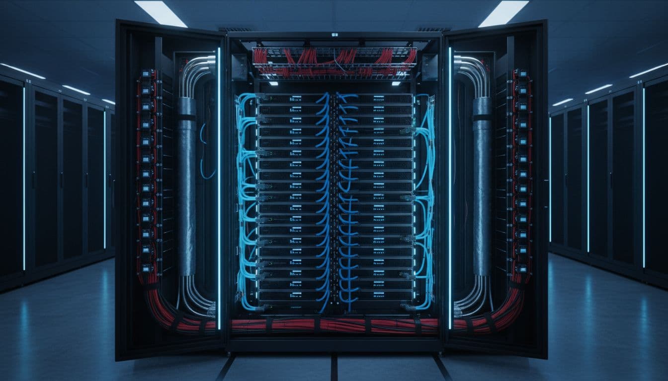 Blackwell Power Draw Reality Check for Datacenter Planners 1 Photorealistic datacenter server rack densely packed with Nvidia Blackwell GPU servers, featuring visible liquid cooling pipes, thick power cables, PDUs, and cable management trays in a dimly lit environment with blue LED accents.
