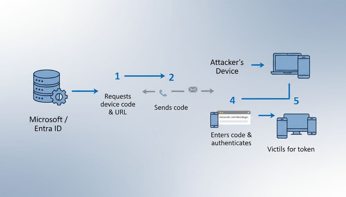 Simple flowchart illustrating the OAuth device code flow attack in Entra ID: attacker requests device code from Microsoft, obtains user code and URL, sends to victim, victim authenticates at microsoft.com/devicelogin, attacker polls for token. Five steps with device icons, arrows, blue-gray colors, clean technical style.