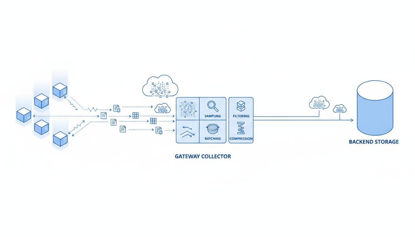 Isometric diagram of Kubernetes pods sending traces, metrics, and logs to gateway collector, with arrows for sampling, filtering, batching, compression, and before-after volume icons showing reduction to backend storage.