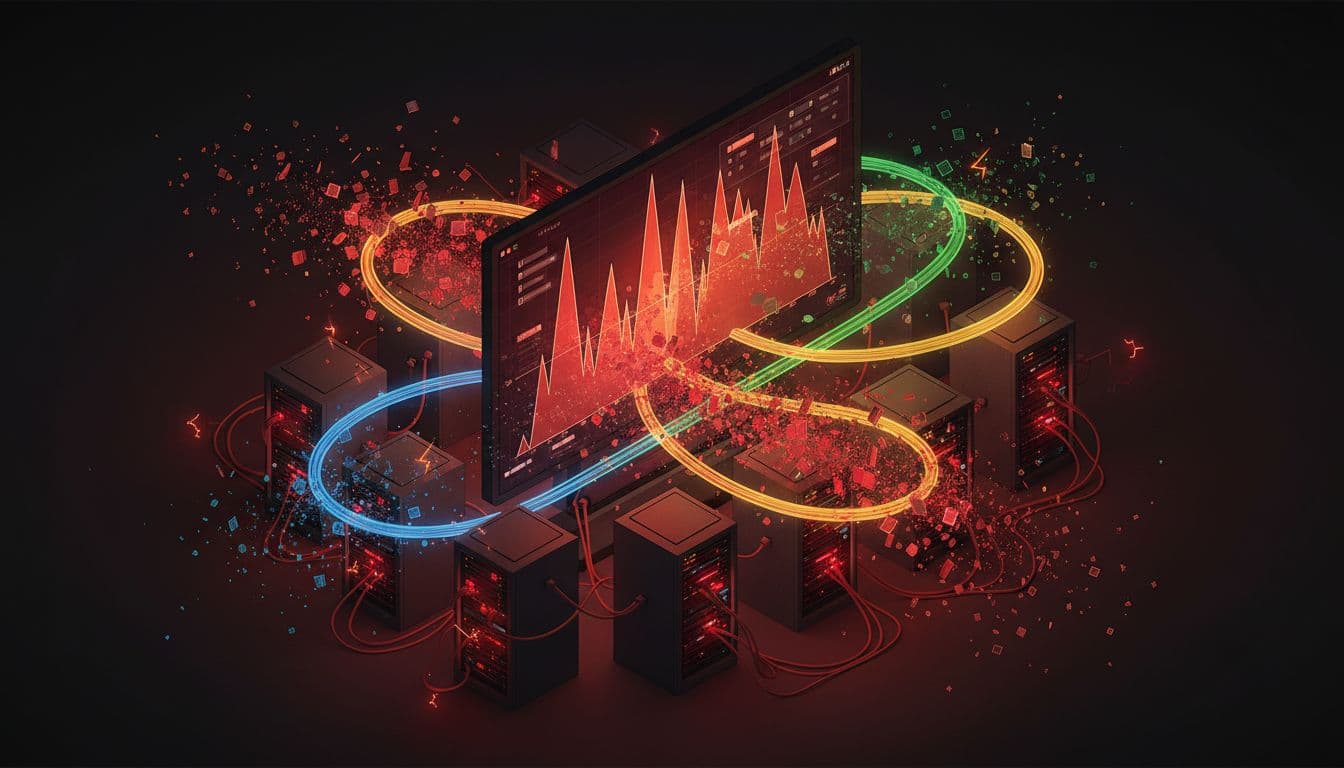 Isometric dim server room with central dashboard showing spiking graphs, red server alerts, and bursting data pipelines.