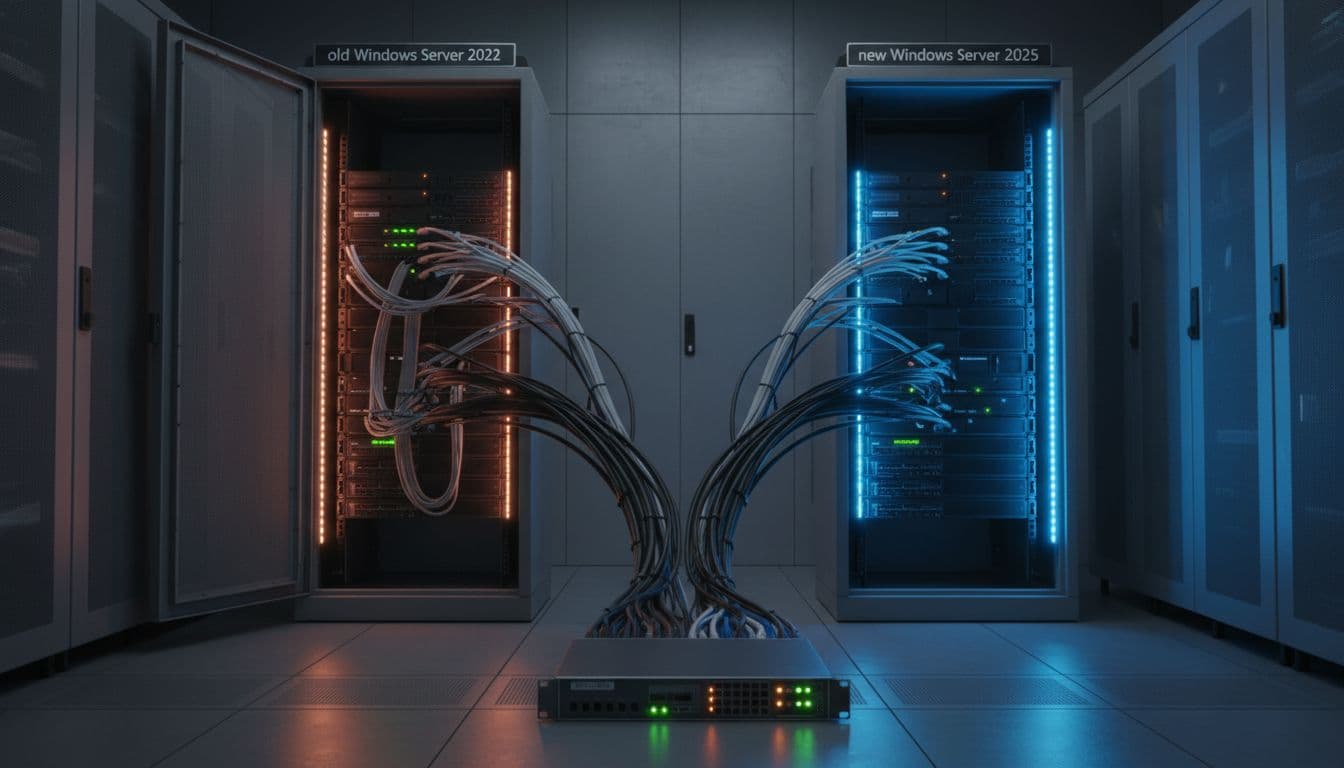 Windows Server 2022 To 2025 Upgrade Plan That Avoids Downtime 2 Server room with a load balancer in the foreground connected to two racks: left rack with dim lights for old Windows Server 2022, right rack with bright blue LEDs for new Windows Server 2025, illustrating zero-downtime parallel build and cutover.
