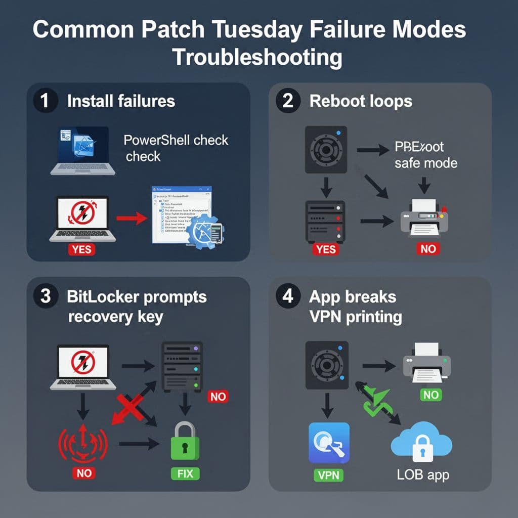 Patch Tuesday Triage Playbook For Windows Admins In 2026 4 Infographic illustrating common Patch Tuesday failure modes across four quadrants: install failures with PowerShell checks, reboot loops resolved in safe mode, BitLocker recovery key prompts, and app compatibility issues affecting VPN, printing, and LOB tests. Features relevant icons, decision arrows, dark blue-gray palette with red error and green fix accents in a flat vector style.