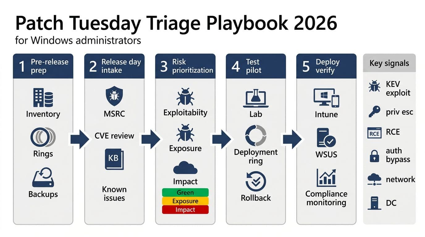 Patch Tuesday Triage Playbook For Windows Admins In 2026 1 Clean modern vector-style infographic flowchart for Windows admins with a left-to-right timeline of 5 stages from pre-release prep to deployment verification, featuring icons like shields, bugs, servers, and a side panel of key signals.
