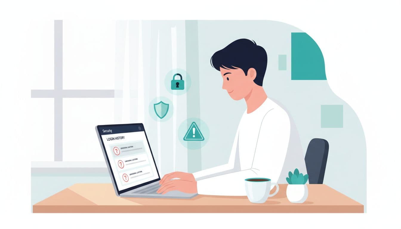 A focused person sits at a wooden desk in a home office, typing on a laptop to review blurred login history and security settings, with subtle floating icons like padlock and shield.