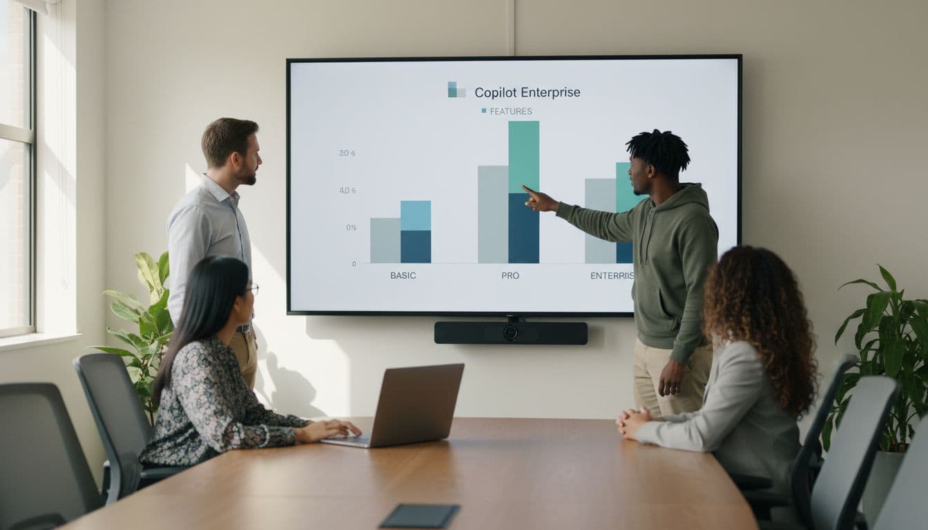 Four diverse professionals in conference room review bar charts comparing Copilot tiers on wall screen.