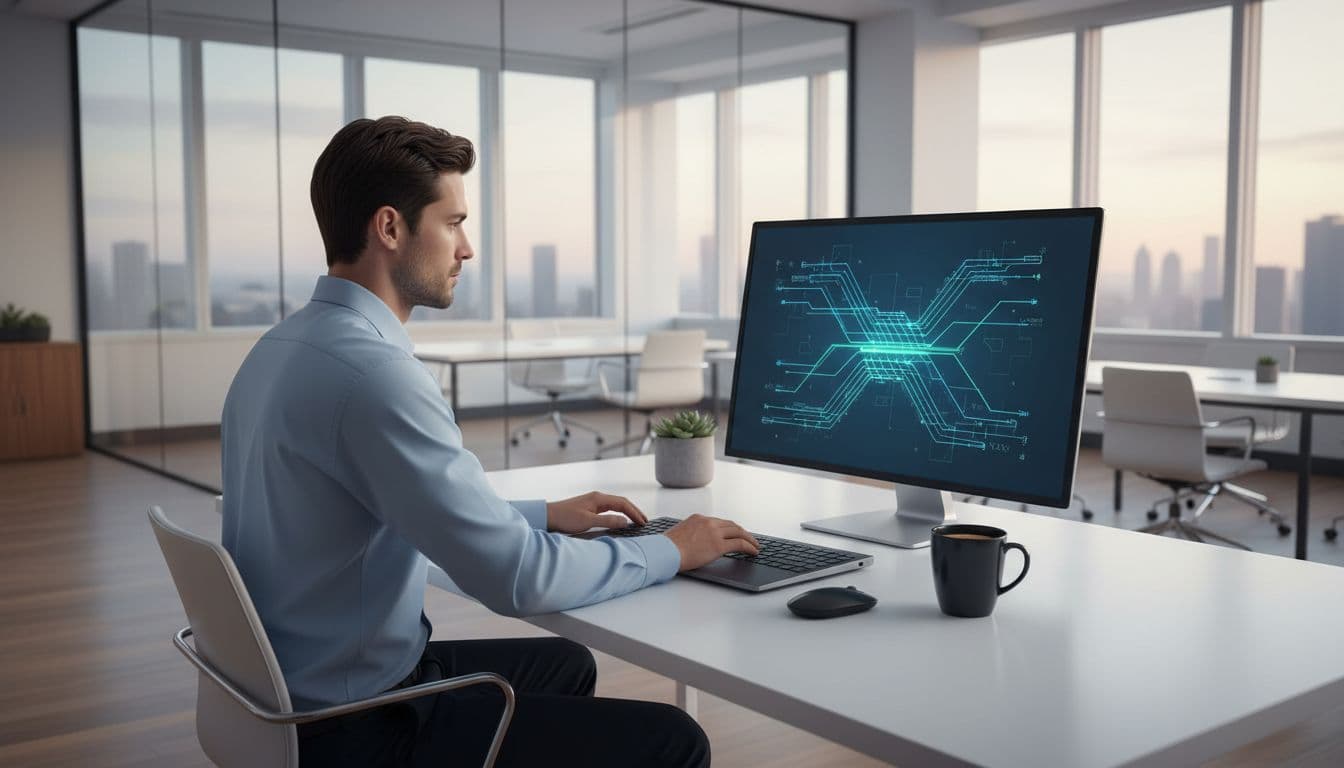 A focused professional works at a modern office desk with a laptop and coffee.