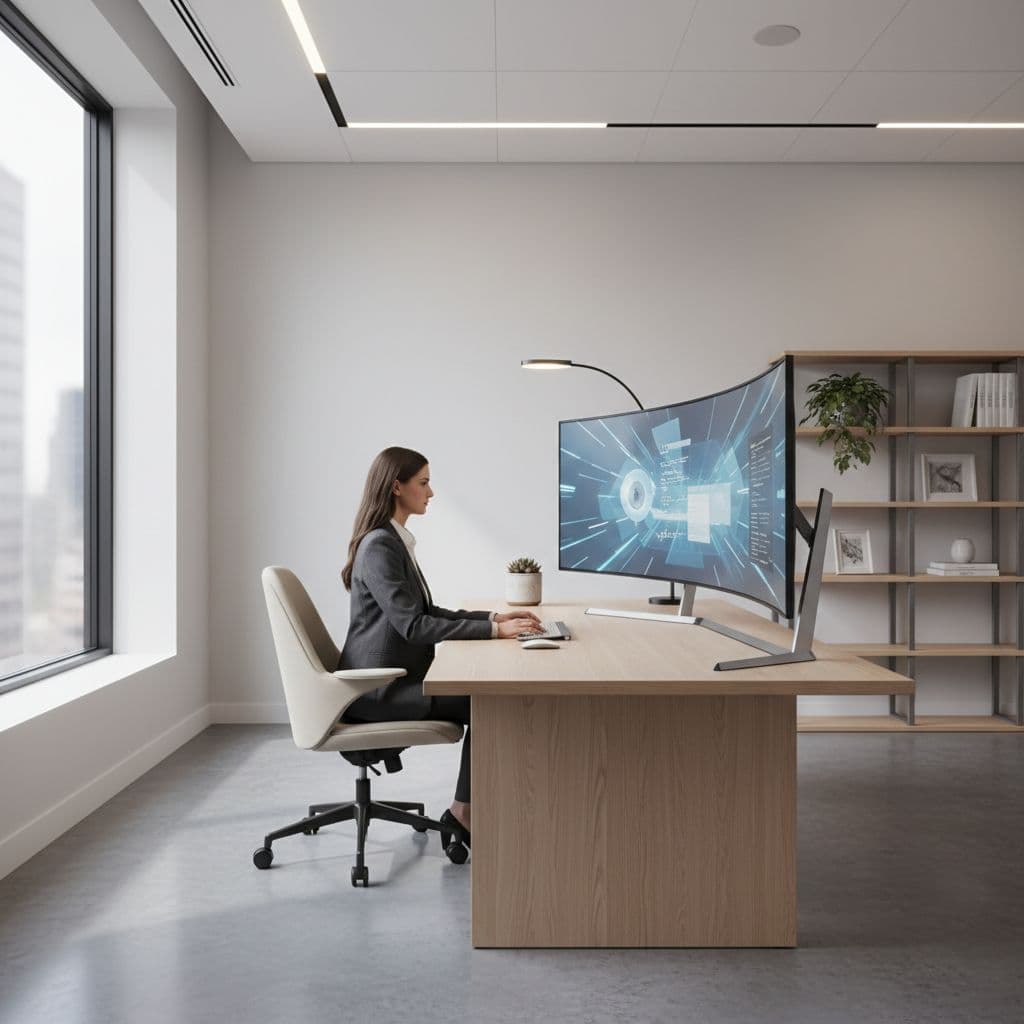 Claude Enterprise Pricing in 2026 for Regulated Teams 1 A focused professional sits at a clean, minimalist desk with a large monitor in a bright office.