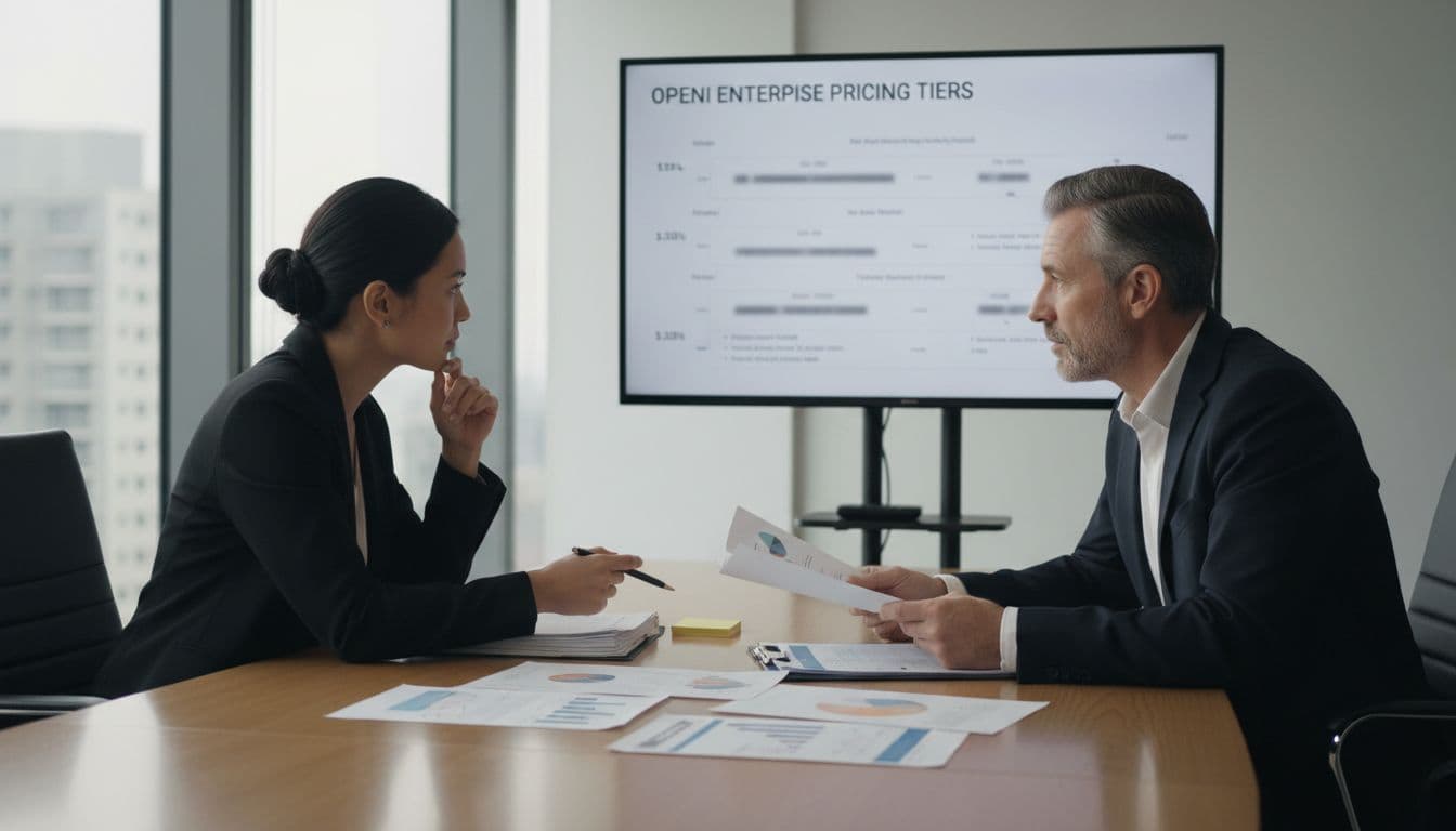 OpenAI Enterprise Pricing in 2026 for Security and Legal Teams 1 Two professionals in a conference room review OpenAI pricing and security reports on a screen and papers.