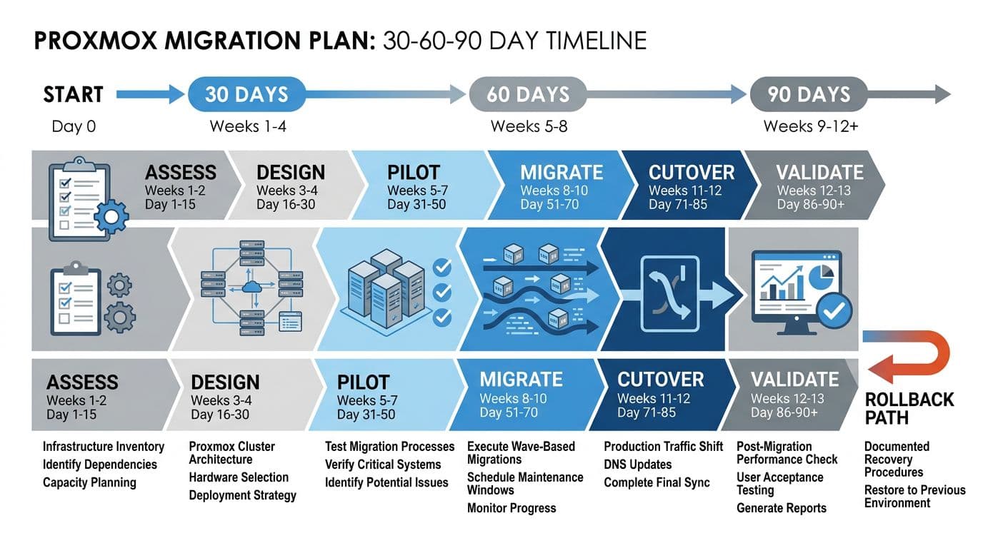 Vector-style flat design timeline diagram for a 30-60-90 day Proxmox migration plan, featuring horizontal bars for phases like assess, design, pilot, migrate, cutover, validate, and rollback, with icons for inventory, cluster build, and testing on a white background in blue-gray tones.