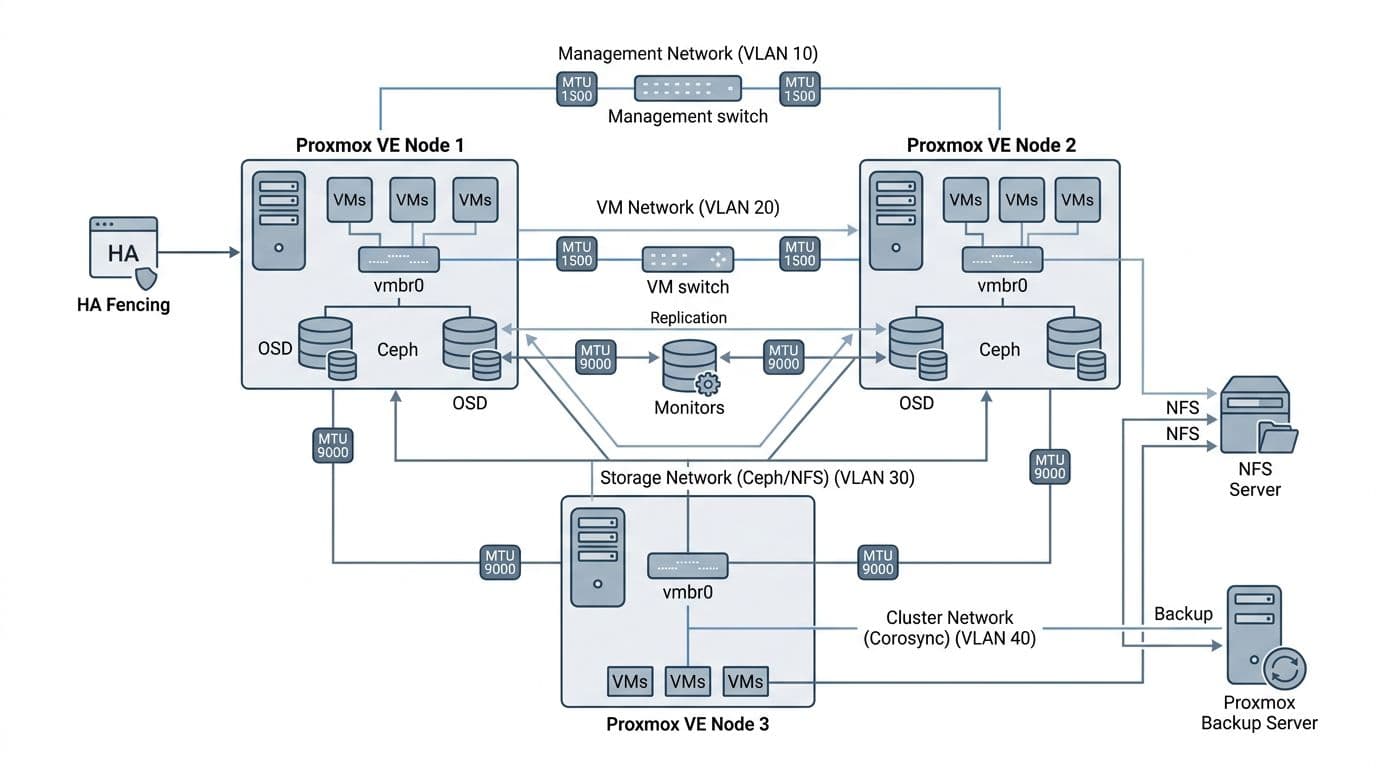 Clean technical vector-style flat design diagram of a Proxmox cluster with three nodes connected to shared Ceph and NFS storage, including networking bridges, VM management, storage VLAN segments, MTU icons, HA fencing, and backup server icon on a white background with subtle blue-gray palette.