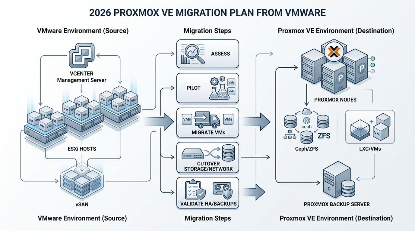 Clean, modern enterprise IT infographic diagram depicting the 2026 migration plan from VMware to Proxmox VE, with left-side VMware components, central migration steps, and right-side Proxmox setup.