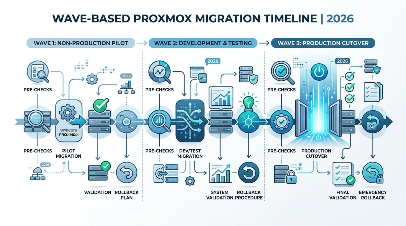 Infographic timeline illustrating wave-based migration from VMware to Proxmox in 2026, covering waves 1-3 for non-prod pilot, dev/test, and prod cutover, with pre-checks, rollback, and validation steps. Features neutral blue-grey colors, sharp vectors on white background in landscape format with minimal labels.