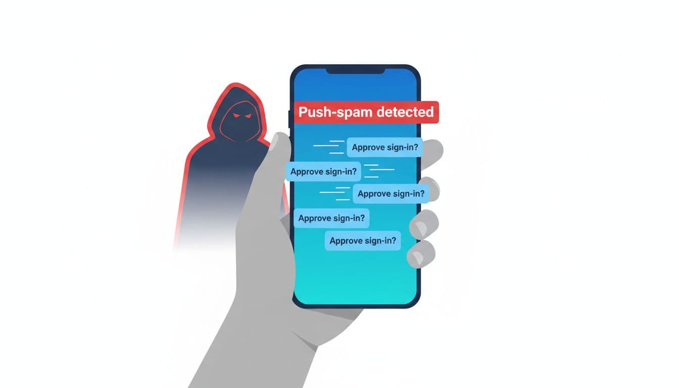 MFA fatigue attacks in 2026, how to spot push-spam prompts and shut them down fast 1 Clean modern flat vector illustration of a smartphone held in a hand displaying rapid stacking push notifications for sign-in approvals, with a bold red 'Push-spam detected' warning banner and a subtle shadowy attacker silhouette in the background.