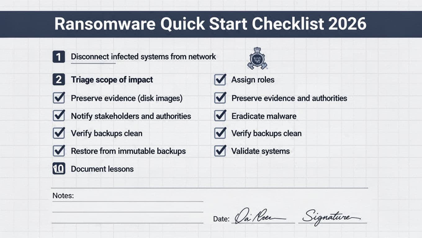 Clean, modern monochrome vector infographic in landscape format showing a printable one-page ransomware recovery checklist with 10 numbered key actions, checkmark icons, notes section, and ample whitespace.