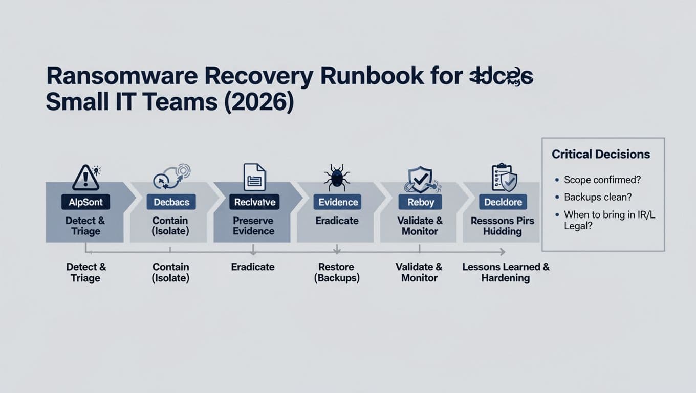 A clean, modern monochrome vector infographic showing a 7-stage flowchart for ransomware recovery: Detect & Triage, Contain (Isolate), Preserve Evidence, Eradicate, Restore (Backups), Validate & Monitor, Lessons Learned & Hardening. Includes stage icons and a 'Critical Decisions' sidebar with key questions on scope, backups, and external help.