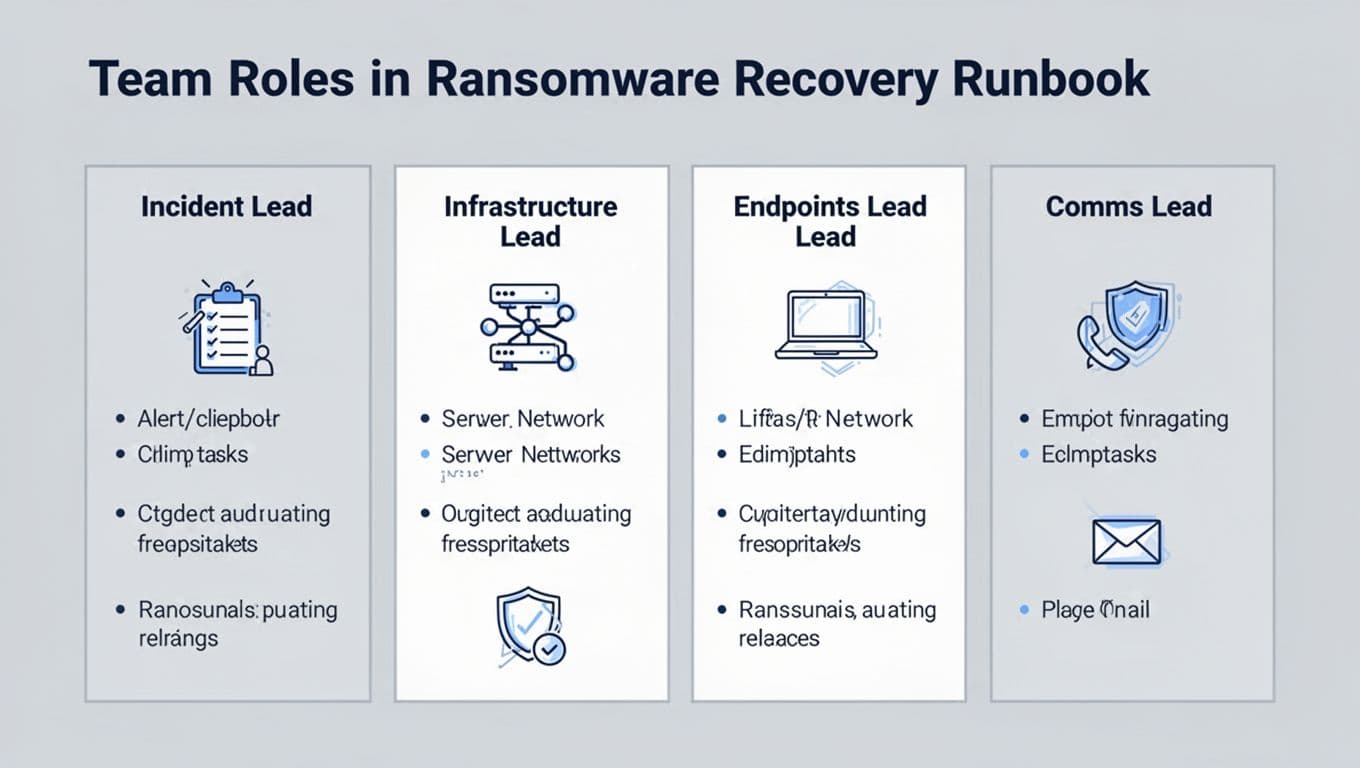 A clean, modern monochrome (blue/gray) vector infographic in landscape orientation illustrating role-based responsibilities for ransomware recovery in small IT teams for 2026. It features four columns for Incident Lead, Infrastructure Lead, Endpoints Lead, and Comms Lead, each with 4-5 key tasks, icons, bold typography, and a subtle gray background.