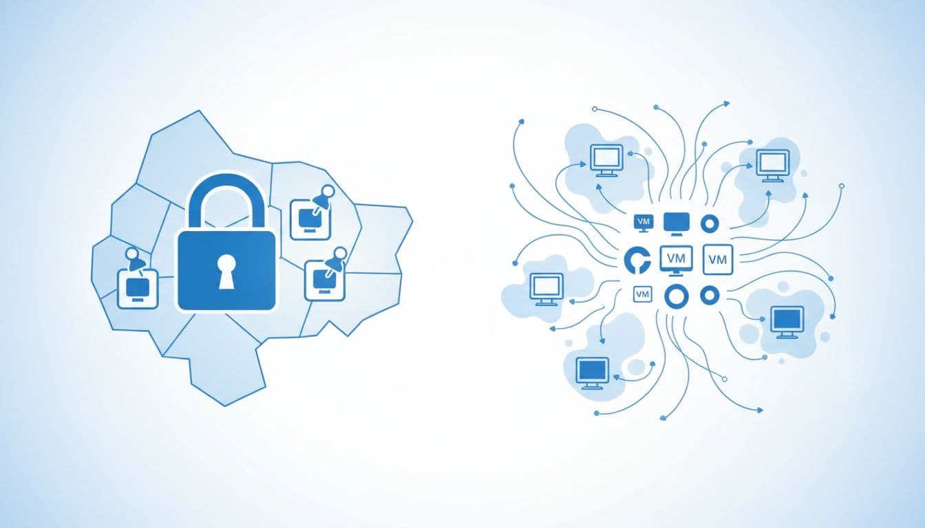 Azure Savings Plan vs Reserved VM Instances in 2026 1 Side-by-side illustration contrasts locked VM icons pinned to one map region with flexible lines linking various VM sizes and global regions.