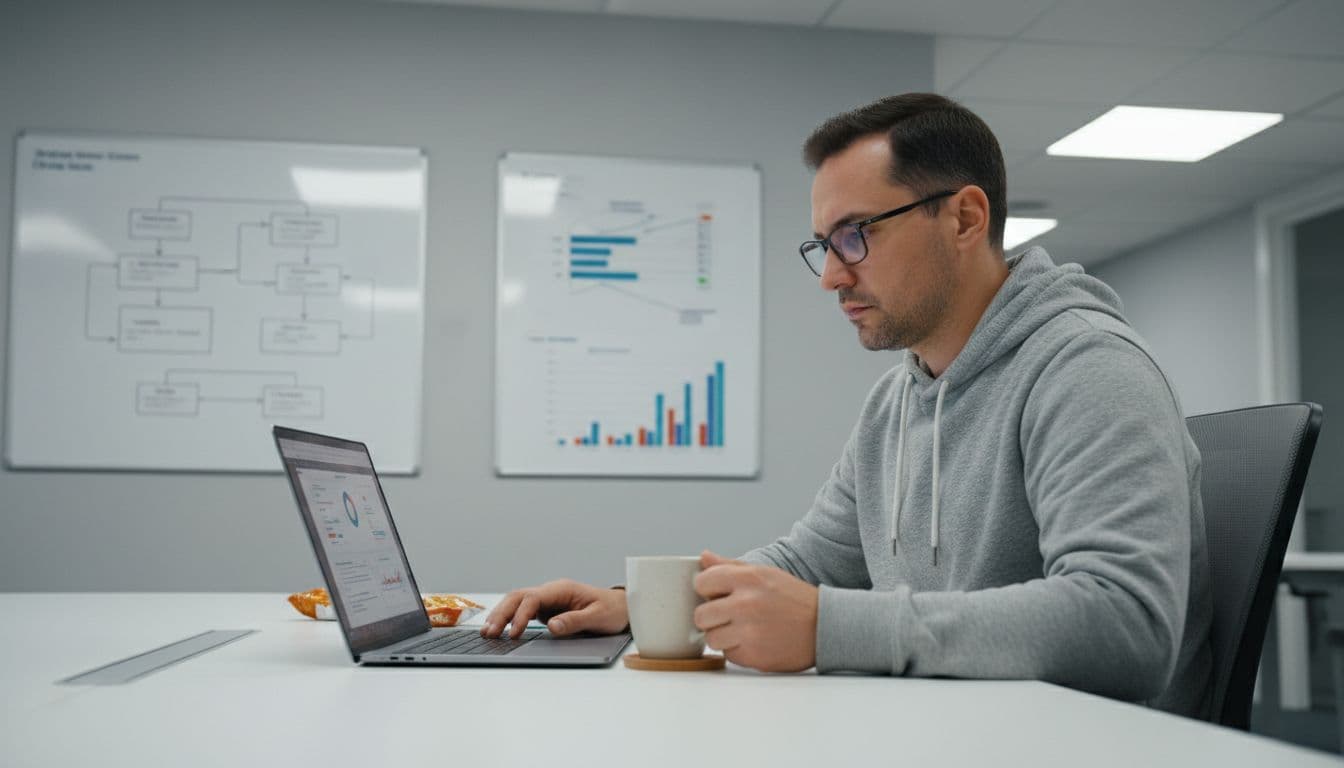 Focused retail IT team member at desk reviews vulnerability scan report on angled laptop screen in office with charts and coffee mug, realistic style.