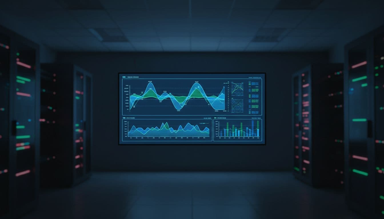 Large wall-mounted monitor in enterprise network operations center displaying abstract graphs and charts for RPKI route validation metrics including valid and invalid percentages trends over time, dark theme with glowing blue green hues and server racks in background.