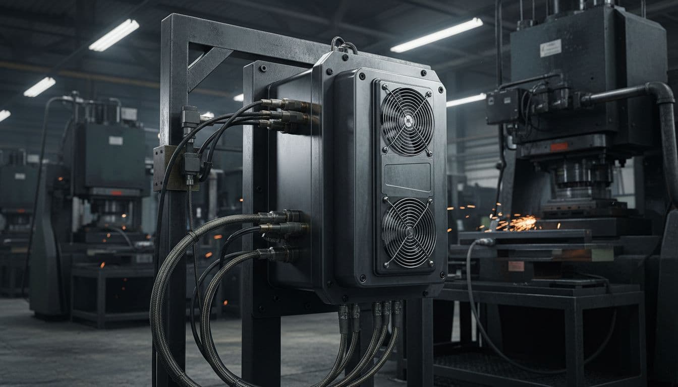 Rugged metal edge computing device with ventilation fans and connected sensors installed near factory machinery under overhead lights.