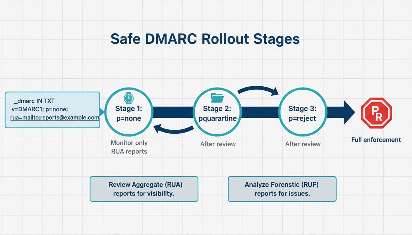 How to check for email spoofing in Gmail and Outlook, set up SPF, DKIM, and DMARC with plain-English steps 3 A clean, accessible flat vector diagram depicting the three stages of a safe DMARC rollout: p=none for monitoring, p=quarantine after review, and p=reject for full enforcement, with icons, report notes, and an example TXT record.
