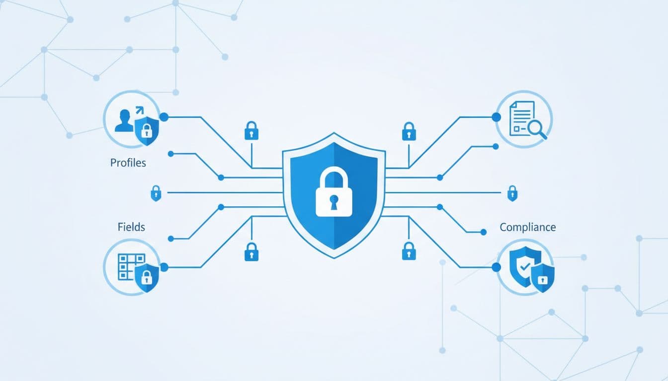 Salesforce Security Audit Checklist for 2026 Enterprise Admin Teams 2 Abstract data flow diagram visualization using locks and shields to represent Salesforce data encryption and sharing rules in a secure network, rendered in clean blue-toned vector style with icons for profiles, fields, and compliance.