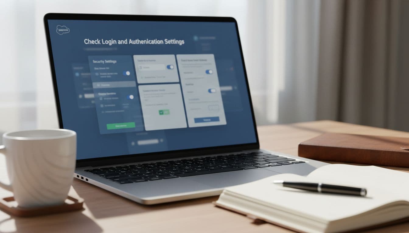 Salesforce Security Audit Checklist for 2026 Enterprise Admin Teams 1 Close-up of Salesforce login security settings interface on a laptop screen at an angle, surrounded by coffee mug and notebook in a workspace, soft lighting, realistic digital render.